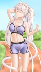Rule 34 | 1girl, absurdres, animal ears, arm behind head, breasts, cat ears, cat girl, cat tail, cleavage, closed eyes, highres, long hair, medium breasts, net, original, ponytail, shorts, simple background, solo, sports bra, sportswear, tail, takie arts