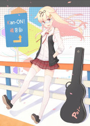 Rule 34 | 10s, 1girl, bespectacled, black ribbon, blonde hair, blue-framed eyewear, blush, breasts, commentary request, dan (kumadan), fence, glasses, guitar case, hair flaps, hair ornament, hair ribbon, hairclip, hands in pockets, highres, instrument case, jewelry, kantai collection, loafers, long hair, looking at viewer, necklace, open mouth, plaid, plaid skirt, pleated skirt, red eyes, ribbon, semi-rimless eyewear, shoes, skirt, small breasts, smile, solo, straight hair, thighhighs, under-rim eyewear, vest, white thighhighs, yuudachi (kancolle), yuudachi kai ni (kancolle)