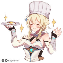 Rule 34 | 1girl, absurdres, blonde hair, blush, breasts, chef hat, cleavage, closed eyes, closed mouth, cropped torso, flower, food, genshin impact, gloves, hair flower, hair ornament, hat, highres, holding, holding plate, kagurinne, lumine (genshin impact), medium breasts, medium hair, omelet, partially fingerless gloves, plate, sidelocks, simple background, solo, white background, white flower