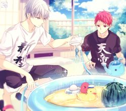 Rule 34 | 2boys, akashi seijuurou, architecture, bird, black pants, black shirt, bush, clothes writing, cloud, cloudy sky, day, east asian architecture, expressionless, fence, food, fruit, garden, grey eyes, hose, innertube, kame (unaikodori), kuroko no basuke, mayuzumi chihiro, multiple boys, outdoors, pants, pants rolled up, porch, red eyes, red hair, rubber duck, sandals, shirt, shower head, sky, smile, sparkle, squatting, swim ring, t-shirt, wading pool, water, watering can, watermelon, white hair, white shirt