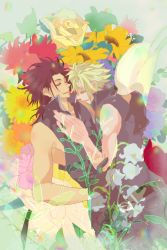 Rule 34 | 2boys, bare arms, black gloves, closed eyes, cloud strife, final fantasy, final fantasy vii, final fantasy vii advent children, floral background, flower, gloves, hair between eyes, hair slicked back, hand on another&#039;s chest, huge hands, long hair, male focus, multiple boys, parted bangs, rose, shirt, short hair, sleeveless, sleeveless shirt, spiked hair, square enix, sunflower, upper body, yaoi, zack fair