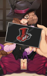 Rule 34 | 10s, 1girl, breasts, brown eyes, brown hair, cellphone, cellphone photo, censored, curly hair, domino mask, female pubic hair, gloves, hat, hat feather, hat over one eye, looking at viewer, mask, mosaic censoring, nt00, okumura haru, persona, persona 5, phone, pubic hair, purple gloves, pussy, short hair, sitting, smartphone, solo focus, spread legs