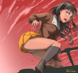 Rule 34 | 10s, 1girl, absurdres, arm support, artist name, asymmetrical bangs, black footwear, boots, brown eyes, brown hair, brown jacket, commentary request, dated, frown, girls und panzer, highres, jacket, knee boots, long hair, long sleeves, looking at viewer, looking back, military, military uniform, military vehicle, miniskirt, motor vehicle, nishi kinuyo, one-hour drawing challenge, open mouth, panties, pantyshot, pleated skirt, red sky, skirt, sky, solo, squatting, tank, tonan leopard, type 97 chi-ha, underwear, uniform, white panties, wind, yellow skirt