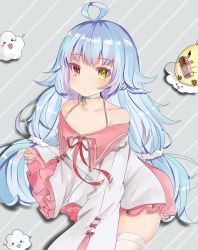 Rule 34 | 1girl, ahoge, azur lane, bad id, bad twitter id, blue hair, blush, highres, katsushika pachi, long hair, long sleeves, low twintails, mole, mole under eye, nicholas (azur lane), off shoulder, pink eyes, sleeves past wrists, solo, thighhighs, twintails, white thighhighs, yellow eyes
