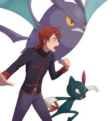 Rule 34 | 1boy, belt buckle, black jacket, buckle, clenched hand, commentary request, creatures (company), crobat, from side, game freak, gen 2 pokemon, hand up, highres, jacket, legs apart, long sleeves, male focus, medium hair, nintendo, open mouth, pants, pokemon, pokemon (creature), pokemon hgss, purple pants, red hair, silber 1224, silver (pokemon), simple background, sneasel, teeth, tongue, white background