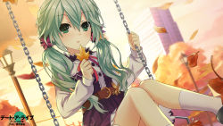 Rule 34 | 1girl, autumn leaves, copyright name, date a live, day, dress shirt, dutch angle, green eyes, green hair, hair between eyes, hair over shoulder, highres, holding, holding leaf, layered skirt, leaf, long hair, long sleeves, looking at viewer, maple leaf, miniskirt, natsumi (date a live), outdoors, parted lips, pleated skirt, purple skirt, shirt, sitting, skirt, socks, solo, twintails, white shirt, white socks