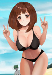 1boy 1girl absurdres bare_arms bare_shoulders beach bikini black_bikini blush boku_no_hero_academia breasts brown_eyes brown_hair cleavage closed_mouth day double_v green_hair highres kirani large_breasts looking_at_viewer matching_hair/eyes medium_hair midoriya_izuku navel outdoors sky smile swimsuit thigh_gap uraraka_ochako v