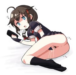 Rule 34 | 10s, 1girl, ahoge, anus, blue eyes, braid, breath, censored, dokan (dkn), female focus, female masturbation, kantai collection, lying, masturbation, no panties, no shoes, on side, open mouth, phone, ponytail, pussy, pussy juice, shigure (kancolle), skirt, socks, solo