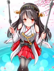 Rule 34 | 10s, 1girl, bare shoulders, black hair, boots, breasts, brown eyes, cherry blossoms, detached sleeves, gradient background, hair ornament, hairband, haruna (kancolle), headgear, highres, japanese clothes, kantai collection, long hair, looking up, nontraditional miko, petals, ripples, saber-freedom, skirt, smile, solo, swing, thigh boots, thighhighs, water