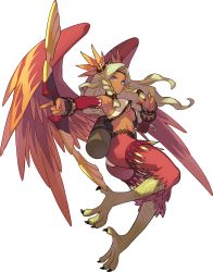 Rule 34 | 1girl, arm up, artist request, ass, bare shoulders, bird legs, blonde hair, blue eyes, body fur, bow (weapon), braid, breasts, bridal gauntlets, brown headband, claws, cran (world flipper), crop top, dark-skinned female, dark skin, elbow gloves, eyeshadow, feather hair ornament, feathered wings, feathers, female focus, fringe trim, from side, full body, gloves, hair intakes, hair ornament, hair tie, halterneck, hand up, harpy, headband, highres, holding, holding bow (weapon), holding weapon, index finger raised, jumping, long hair, looking at viewer, makeup, medium breasts, monster girl, non-web source, official art, outstretched arm, panties, parted lips, quiver, red eyeshadow, red fur, red gloves, red wings, revealing clothes, shiny skin, shirt, sidelocks, simple background, sleeveless, sleeveless shirt, solo, teeth, transparent background, twin braids, underboob, underwear, wavy hair, weapon, white panties, white shirt, wings, world flipper