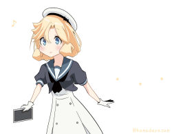 Rule 34 | 1girl, black neckwear, blonde hair, blue eyes, blue sailor collar, commentary request, cowboy shot, dress, eighth note, gloves, hat, holding, janus (kancolle), kanade (kanadeya), kantai collection, looking at viewer, musical note, negative space, parted bangs, sailor collar, sailor dress, sailor hat, short hair, short sleeves, simple background, solo, white background, white dress, white gloves, white hat