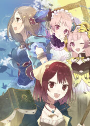 Rule 34 | 4girls, :d, atelier (series), atelier firis, atelier lydie &amp; suelle, atelier sophie, bird, blue sky, blush, book, bow, brown hair, closed mouth, crystal, dress, firis mistlud, green eyes, hair ornament, hairband, head scarf, highres, jewelry, kuromame (honey 728), long hair, looking at viewer, lydie marlen, multiple girls, necklace, one eye closed, open mouth, pink eyes, pink hair, plachta, profile, red eyes, red hair, ribbon, short hair, siblings, sisters, sky, smile, sophie neuenmuller, suelle marlen, twins, yellow bow