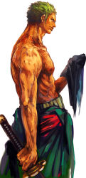Rule 34 | 1boy, bad id, bad pixiv id, clothes around waist, collarbone, green eyes, green hair, haramaki, highres, katana, light smile, looking at viewer, male focus, matching hair/eyes, muscular, one piece, roronoa zoro, simple background, sketch, solo, sword, topless male, tsuyomaru, weapon