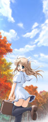 Rule 34 | 1girl, :d, ahoge, arched back, autumn, bekkankou, black socks, black thighhighs, blue eyes, blush, briefcase, brown footwear, cloud, day, dress, forest, from behind, hair ribbon, highres, holding, kneehighs, leg up, light brown hair, light rays, loafers, long hair, looking at viewer, looking back, nature, open mouth, outdoors, ribbon, sailor dress, school uniform, serafuku, shoes, short sleeves, sky, smile, socks, solo, standing, standing on one leg, sunbeam, sunlight, thighhighs, tree, white ribbon