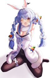 Rule 34 | 1girl, ;o, absurdres, animal ear fluff, animal ears, arm behind back, arm up, armpits, bitseon, black gloves, black leotard, blue hair, blush, bow, braid, breasts, brown pantyhose, carrot, carrot hair ornament, commentary, covered navel, detached sleeves, dress, food-themed hair ornament, full body, fur-trimmed dress, fur-trimmed gloves, fur scarf, fur trim, gloves, hair between eyes, hair bow, hair ornament, highres, hololive, leotard, long hair, looking at viewer, multicolored hair, one eye closed, open mouth, orange eyes, outstretched arm, pantyhose, pocket, pom pom (clothes), puffy short sleeves, puffy sleeves, rabbit-shaped pupils, rabbit ears, rabbit girl, rabbit tail, revision, shadow, shiny clothes, short dress, short eyebrows, short sleeves, sidelocks, simple background, sitting, sleeveless, sleeveless dress, small breasts, solo, stretching, symbol-shaped pupils, tail, tears, teeth, thick eyebrows, thigh strap, twin braids, two-tone hair, upper teeth only, usada pekora, usada pekora (1st costume), virtual youtuber, wariza, white background, white bow, white dress, white hair, yawning