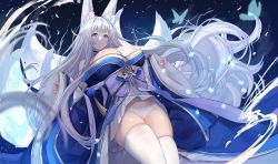 Rule 34 | 1girl, animal ear fluff, animal ears, azur lane, bare shoulders, blue collar, blue eyes, blue kimono, blush, breasts, cleavage, closed mouth, collar, fox ears, fox girl, japanese clothes, kimono, kitsune, large breasts, long hair, looking at viewer, multiple tails, off shoulder, panties, sash, shinano (azur lane), smile, tail, thighhighs, thighs, underwear, untue, very long hair, white hair, white panties, white tail, white thighhighs, wide sleeves