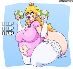 Rule 34 | 1-up mushroom, 1girl, absurdres, ass, blonde hair, blue eyes, breasts, crown, earrings, elbow gloves, female focus, full body, gloves, highres, huge ass, huge breasts, jewelry, leotard, long hair, mario (series), navel, nintendo, pregnant, princess peach, solo, steelybird, super mario bros. 1, thick thighs, thighhighs, thighs, torn clothes