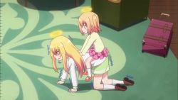 Rule 34 | 2girls, all fours, animated, anime screenshot, blonde hair, cherub, child, gabriel dropout, gabriel tenma white, halo, indoors, multiple girls, playing, siblings, sisters, sitting, sitting on person, skirt, sound, tagme, video