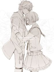 Rule 34 | 1boy, 1girl, 5574iahu, blush, closed eyes, closed mouth, copyright name, dance with devils, facing another, hetero, hood, hood down, kaginuki rem, long sleeves, looking at another, looking down, short hair, sketch, smile, tachibana ritsuka