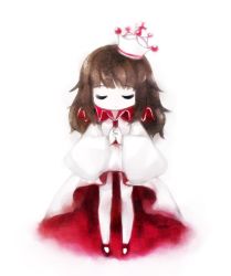 Rule 34 | 1girl, brown hair, closed eyes, crown, deemo, dress, fc (efushii), friction (deemo), girl (deemo), long hair, own hands clasped, own hands together, simple background, solo, standing