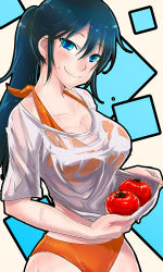 Rule 34 | 10s, 1girl, 71, amaama to inazuma, bikini, black hair, blue eyes, blush, breasts, cleavage, clothes lift, holding, iida kotori, large breasts, long hair, looking at viewer, ponytail, see-through, shirt carry, shirt lift, smile, solo, swimsuit, tomato, wet, wet clothes