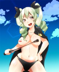 Rule 34 | 10s, 1girl, anchovy (girls und panzer), artist request, bad id, bad pixiv id, bikini, black bikini, blue sky, blush, breasts, cape, covered erect nipples, drill hair, girls und panzer, green hair, groin, large breasts, looking at viewer, navel, red eyes, shiny skin, sky, solo, swimsuit, topless, twintails, wide hips