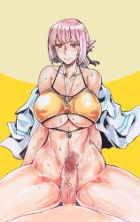 Rule 34 | 1boy, 1girl, bikini, braid, breasts, censored, closed mouth, curvy, erection, fate/grand order, fate (series), florence nightingale (fate), folded ponytail, girl on top, hetero, huge breasts, imminent penetration, imminent vaginal, kikuta, long hair, nipples, nude, penis, pink hair, red eyes, sex, shiny skin, simple background, single braid, sitting, sweat, swimsuit, traditional media