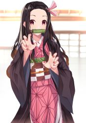 Rule 34 | 1girl, absurdres, bad hands, bamboo, bit gag, black hair, blurry, blurry background, blush, brown hair, checkered sash, claw pose, commentary request, depth of field, fingernails, forehead, gag, gradient hair, hair ribbon, highres, japanese clothes, kamado nezuko, kimetsu no yaiba, kimono, long hair, long sleeves, mouth hold, multicolored hair, nail polish, norazura, obi, open clothes, parted bangs, pink kimono, pink ribbon, purple eyes, red nails, ribbon, sash, solo, very long hair, wide sleeves, window