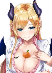 Rule 34 | 1girl, bat tattoo, blonde hair, blush, breast tattoo, breasts, cleavage, collarbone, demon girl, demon horns, demon wings, green eyes, hair ornament, highres, hololive, horns, konkito, large breasts, long hair, long sleeves, looking at viewer, oni horns, pointy ears, red eyes, shirt, simple background, smile, solo, tattoo, upper body, virtual youtuber, white background, wings, yuzuki choco, yuzuki choco (1st costume)