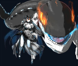 Rule 34 | 10s, 1girl, abyssal ship, bare shoulders, black hair, black nails, breasts, cleavage, commentary request, crown, dress, elbow gloves, gloves, hand on own hip, high heels, kantai collection, long hair, monster girl, nail polish, orange eyes, orca, original, personification, saliva, see-through, size difference, skirt, smirk, tail, teeth, tongue, torichamaru, transparent
