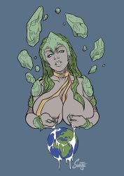 Rule 34 | 1girl, breasts, breasts squeezed together, cetrion, collar, colored skin, crown, crystals, earth (planet), giant, giantess, glowing, glowing eyes, green eyes, green hair, huge breasts, lactation, leaves, lips, milk, mortal kombat (series), mortal kombat (series), mortal kombat 11, nipples, planet, plant hair, purple skin, sash, sorje (artist)