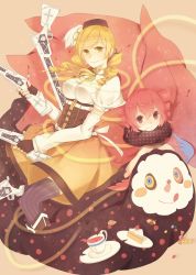 Rule 34 | 10s, 2girls, bad id, bad pixiv id, beret, blonde hair, boots, candy, cape, charlotte (madoka magica), checkerboard cookie, cookie, corset, cup, detached sleeves, drill hair, fingerless gloves, food, gloves, gun, hair ornament, hat, magical girl, magical musket, mahou shoujo madoka magica, mahou shoujo madoka magica (anime), multicolored eyes, multiple girls, personification, pink eyes, pink hair, pleated skirt, puffy sleeves, reira (zetalatte), scarf, skirt, smile, striped clothes, striped legwear, striped thighhighs, tea, thighhighs, tomoe mami, twin drills, twintails, vertical-striped clothes, vertical-striped legwear, vertical-striped thighhighs, weapon, yellow eyes