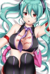 Rule 34 | 1girl, :o, alternate costume, bad id, bad pixiv id, bed sheet, between breasts, black thighhighs, blush, breasts, cleavage, crop top, demon tail, english text, from above, green hair, hair between eyes, halterneck, hatsune miku, highres, kim bae-eo, knees up, large breasts, looking at viewer, lying, necktie, on back, open mouth, parted lips, purple necktie, red eyes, shiny skin, sweet devil (vocaloid), tail, thighhighs, tsurime, underwear, vocaloid, writing