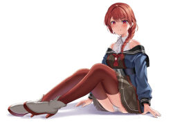 Rule 34 | 1girl, bare shoulders, black sailor collar, blue jacket, braid, braided ponytail, closed mouth, collared shirt, dress, full body, grey dress, grey footwear, hair over shoulder, high heels, jacket, kantai collection, knees up, long hair, long sleeves, looking at viewer, mayura (lucadia), neckerchief, nevada (kancolle), nevada kai (kancolle), off shoulder, open clothes, open jacket, panties, pantyshot, red eyes, red hair, red neckerchief, red thighhighs, sailor collar, shirt, sitting, sleeveless, sleeveless shirt, smile, solo, thighhighs, underwear, white background, white panties, white shirt