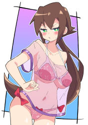 Rule 34 | 1girl, absurdres, aile (mega man zx), bare shoulders, bikini, blush, breasts, brown hair, buzzlyears, green eyes, highres, large breasts, long hair, mega man (series), mega man zx, mega man zx advent, oversized clothes, oversized shirt, ponytail, see-through, see-through shirt, shirt, swimsuit, tagme
