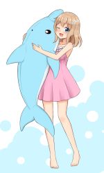 Rule 34 | 1girl, ;d, absurdres, aona (shiraha maru), bare arms, bare legs, bare shoulders, barefoot, blue eyes, commentary request, dress, eyes visible through hair, full body, hair ornament, hairclip, highres, light blush, light brown hair, long hair, looking at viewer, one eye closed, open mouth, original, pink dress, shiraha maru, simple background, sleeveless, sleeveless dress, smile, solo, stuffed animal, stuffed dolphin, stuffed toy, white background