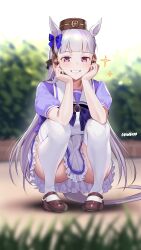Rule 34 | 1girl, absurdres, animal ears, artist name, bow, brown footwear, commentary request, gold ship (umamusume), grey hair, grin, highres, horse ears, horse girl, horse tail, loafers, long hair, outdoors, pillbox hat, puffy short sleeves, puffy sleeves, purple bow, purple eyes, purple shirt, school uniform, shirt, shoes, short sleeves, skirt, smile, solo, sparkle, squatting, summer uniform, tail, thighhighs, tracen school uniform, ugohato, umamusume, uniform, very long hair, white thighhighs
