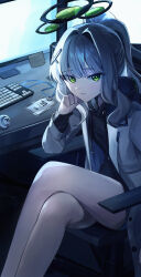 Rule 34 | 1girl, absurdres, arm support, bare legs, black hoodie, blue archive, can, chair, cross hair ornament, crossed legs, drone, energy drink, gaming chair, green eyes, grey hair, hair intakes, hair ornament, halo, hare (blue archive), highres, hood, hoodie, indoors, jacket, keyboard (computer), lanyard, legs, light blush, looking at viewer, mechanical halo, medium hair, monitor, parted lips, ponytail, rosu 1109, sidelocks, sitting, solo, swivel chair, white jacket