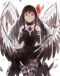 Rule 34 | 10s, 1girl, akemi homura, akuma homura, argyle, argyle clothes, argyle legwear, bad id, bad pixiv id, bare shoulders, black gloves, black hair, black wings, bow, choker, crying, crying with eyes open, dark orb (madoka magica), dress, elbow gloves, feathered wings, feathers, gloves, hair bow, hair ornament, hairband, long hair, looking at viewer, mahou shoujo madoka magica, mahou shoujo madoka magica: hangyaku no monogatari, nine (liuyuhao1992), parted lips, purple eyes, simple background, solo, tears, thighhighs, white background, wings, zettai ryouiki