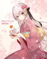 Rule 34 | 1girl, 2023, animal, blush, chinese zodiac, closed mouth, commentary request, floral print, flower, food, fruit, grey hair, hair between eyes, hair flower, hair ornament, happy new year, highres, holding, holding animal, japanese clothes, kagami mochi, kimono, long hair, long sleeves, looking at viewer, mandarin orange, new year, obi, original, petals, pink flower, pink kimono, pink rose, print kimono, rabbit, red eyes, rose, sash, smile, solo, very long hair, wide sleeves, year of the rabbit, youta