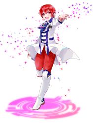 Rule 34 | 1boy, arsloid, bandaid, bandaid on face, coattails, full body, headphones, highres, male focus, outstretched arm, red eyes, red hair, school uniform, simple background, smile, solo, sparkle, tailcoat, tsukimi (tsukim512), vocaloid, white background
