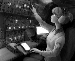 Rule 34 | 1girl, aircraft, airplane, alisa (girls und panzer), arm up, book, c-5m super galaxy, chair, cockpit, freckles, girls und panzer, greyscale, hair ornament, headset, highres, military, military uniform, monochrome, nervous, payama, profile, reaching, saunders military uniform, short hair, short twintails, sitting, small sweatdrop, solo, star (symbol), twintails, uniform