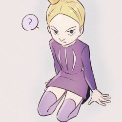 Rule 34 | 1boy, ?, arm support, black footwear, blonde hair, closed mouth, commentary request, crown, daida, frown, grey background, grey eyes, male focus, mini crown, nikomi (nikomix), ousama ranking, purple thighhighs, purple tunic, shoes, short hair, sitting, solo, spoken question mark, thighhighs