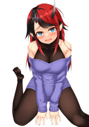 Rule 34 | 1girl, nanashi inc., alternate costume, black hair, black pantyhose, black sports bra, blue eyes, blue sweater, blush, breasts, commentary request, demon girl, demon horns, ear piercing, foot out of frame, highres, horns, kasumasu (tales75), large breasts, long hair, looking at viewer, multicolored hair, no shoes, off-shoulder sweater, off shoulder, open mouth, pantyhose, piercing, pointy ears, red hair, ryugasaki rene, simple background, solo, sports bra, sugar lyric, sweater, two-tone hair, virtual youtuber, white background