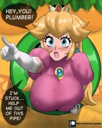 Rule 34 | 1girl, blonde hair, blue eyes, blush, breasts, crown, dress, earrings, echo saber, elbow gloves, english text, gloves, highres, industrial pipe, jewelry, large breasts, long hair, looking at viewer, madagascar (series), mario (series), motion lines, nintendo, parody, patreon logo, patreon username, pink dress, pointing, princess peach, solo, speech bubble, stuck, super mario bros. 1, thick eyebrows, warp pipe, watermark, web address, white gloves, you higher mammal (meme)