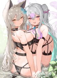 Rule 34 | 2girls, :d, :p, all fours, animal ears, aqua hair, arm strap, ass, bare shoulders, belt, bikini, black bikini, black choker, breast press, breasts, brown hair, chain, choker, cleavage, closed mouth, colored inner hair, fake tail, fang, grey hair, highres, large breasts, long hair, looking at viewer, looking back, multicolored hair, multiple girls, open mouth, orange eyes, original, purple eyes, shallow water, sitting, skindentation, smile, sorotu, swimsuit, symmetrical docking, tail, thigh strap, tongue, tongue out, two-tone hair, two side up, very long hair, water
