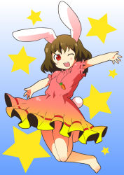 Rule 34 | 1girl, animal ears, azuharu, azumi haruhito, azumiharu, bad id, bad pixiv id, barefoot, black hair, blush, carrot, carrot necklace, dress, female focus, hito, inaba tewi, jewelry, jumping, leg lift, necklace, one eye closed, pendant, rabbit ears, rabbit girl, rabbit tail, red eyes, short hair, solo, star (symbol), tail, touhou, wink