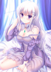 Rule 34 | 1girl, amulet, bare shoulders, bed sheet, blunt bangs, blurry, blurry background, blush, breasts, camisole, cleavage, commentary request, curtains, detached collar, emilia (re:zero), hair between eyes, hair ornament, hand in own hair, highres, long hair, long sleeves, looking at viewer, medium breasts, nightgown, no bra, pillow, pointy ears, purple camisole, purple nightgown, re:zero kara hajimeru isekai seikatsu, shimotsuki keisuke, sidelocks, silver hair, sitting, smile, solo, strap slip, very long hair, window, yokozuwari