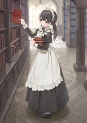 Rule 34 | 1girl, absurdres, apron, black dress, black footwear, black hair, book, book stack, bookshelf, bow, chandelier, collared dress, commentary request, dress, frilled apron, frills, grey eyes, highres, holding, holding book, indoors, juliet sleeves, loafers, long hair, long sleeves, looking at viewer, low twintails, maid, maid apron, maid headdress, original, pantyhose, parted lips, pleated dress, puffy sleeves, shii (kairi-t-k0317), shoes, solo, standing, twintails, white apron, white bow, white pantyhose, window, wooden floor