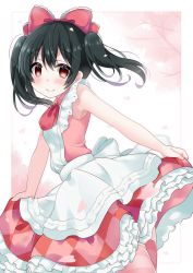 Rule 34 | 1girl, apron, armpits, bare arms, black hair, blush, bow, checkered clothes, checkered skirt, cherry blossoms, closed mouth, collared shirt, commentary request, frilled bow, frilled skirt, frills, from side, hair between eyes, hair bow, highres, korekara no someday, looking at viewer, looking to the side, love live!, love live! school idol project, petals, pink shirt, pink thighhighs, red bow, red eyes, shirt, sidelocks, skirt, skirt hold, sleeveless, sleeveless shirt, smile, solo, striped clothes, striped thighhighs, thighhighs, twintails, umino (umino00), white apron, yazawa nico